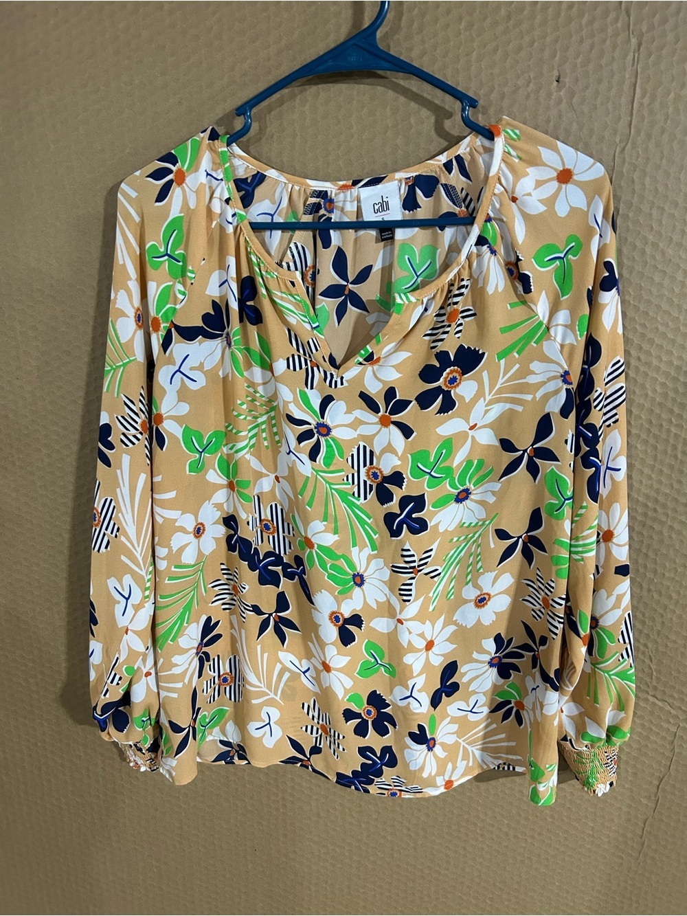 CAbi Floral V-Neck Blouse in Tan with Navy & Lime Green